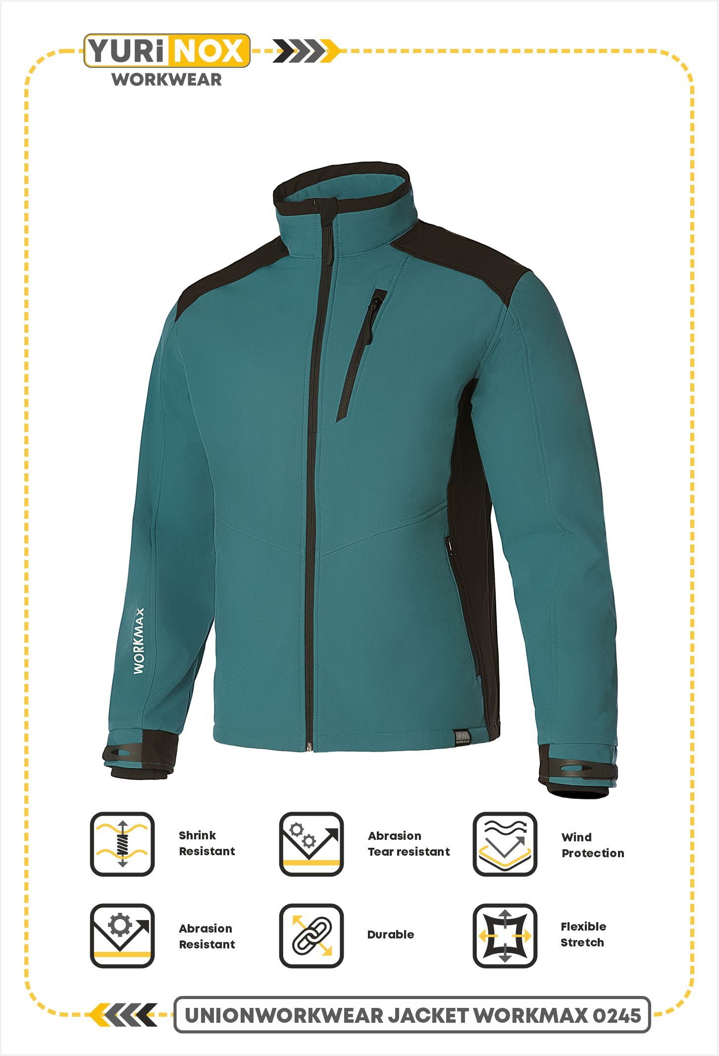 JACKET WORKMAX 0245 - Wind Protection, Waterproof, Adjustable Hem, Comfort Fit, Membrane, Breathable Dark turquoise/black