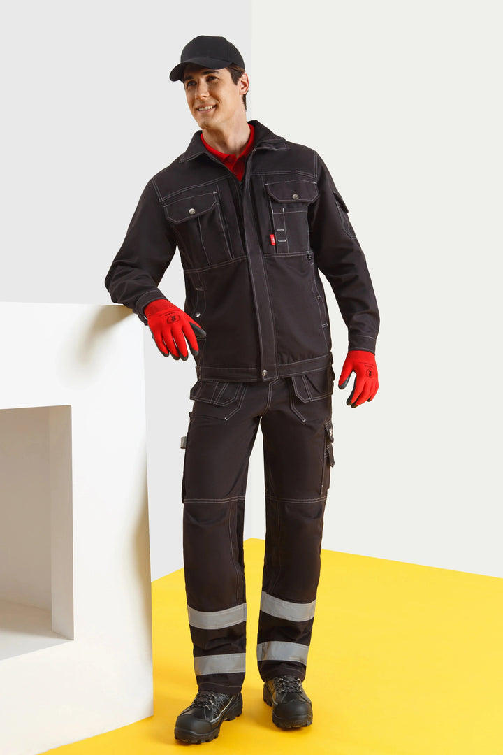 Durable contrast stitching reinforces the jacket’s high-use seams.
