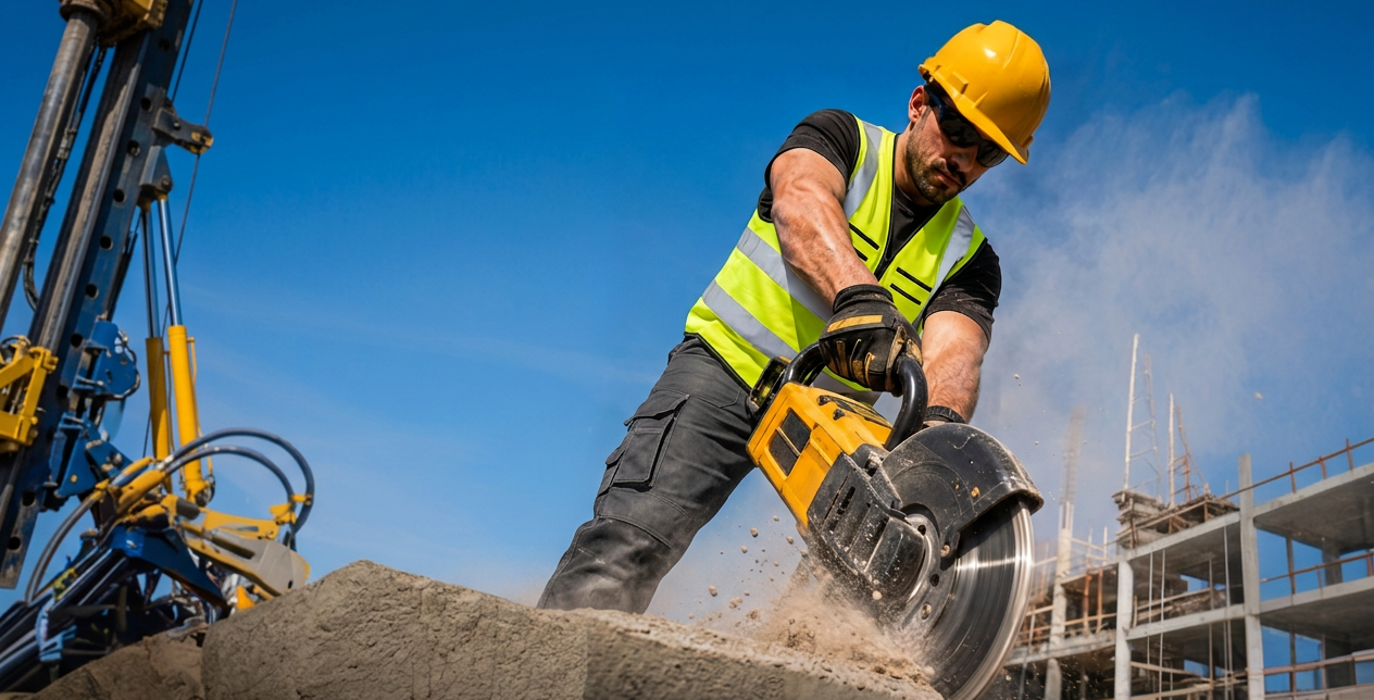 Trabajador de la construcción cortando hormigón bajo el sol