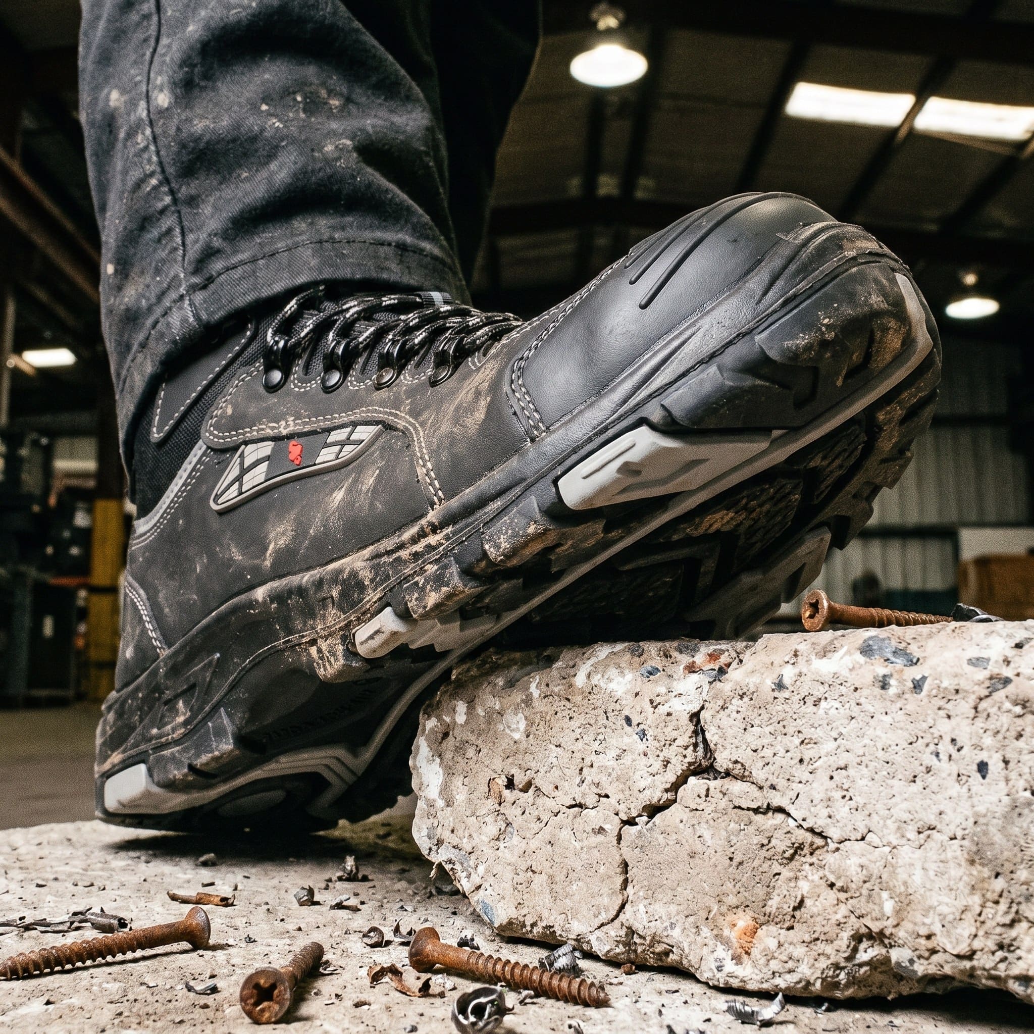 Heavy-duty safety boot on concrete and rebar